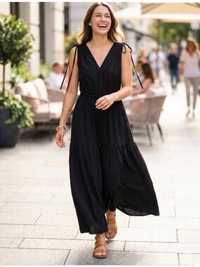 Calvin Klein Black Tie-Shoulder V-Neck Maxi Dress